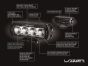 Labeled diagram of the lamp detailing its key features, including lens, housing, heat sink, mounting bracket, and power connector.