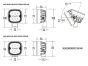 Technical drawing of the lamp showing precise measurements of height, width, depth, and mounting hole positions.